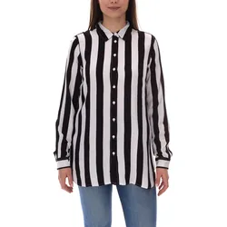 AjC Damen Hemd-Bluse gestreiftes Langarm-Hemd leichte Sommer-Bluse Freizeit-Bluse mit Knopfleiste 21945827 Weiß/Schwarz - 34