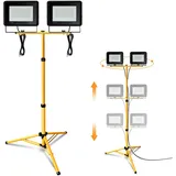 Jiubiaz LED Baustrahler mit Stativ, 2x50W 4250LM Arbeitsstrahler inkl. Höhenverstellbar Stativ und 1m Kabel, LED Fluter 3000K Warmweiß Wasserdicht IP66 Baulampe für Werkstatt (kein Stecker)