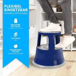 KARAT Rollhocker aus Stahl - Elefantenfuß - Hocker für Büro und Gewerbe - 150 kg belastbar - mit Laufrollen - TÜV geprüft / Blau