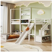 Flieks Etagenbett, Kinderbett mit Tafel und Rutsche Hochbett mit Stauraumtreppe 90x200cm weiß