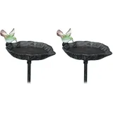 Relaxdays Vogeltränke Gusseisen, Deko Gartenstecker, H x B x T: 100,5 x 13,5 x 19 cm, Vogelbad, zum Stecken, dunkelgrün (Packung mit 2)
