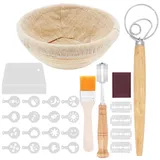 Gearific Gärkörbchen rund, 9 Zoll Banneton Proofing Basket Natürlicher Rattan Sauerteig Proving Basket mit 6er Pack Backwerkzeugen für professionelle Hausbäcker