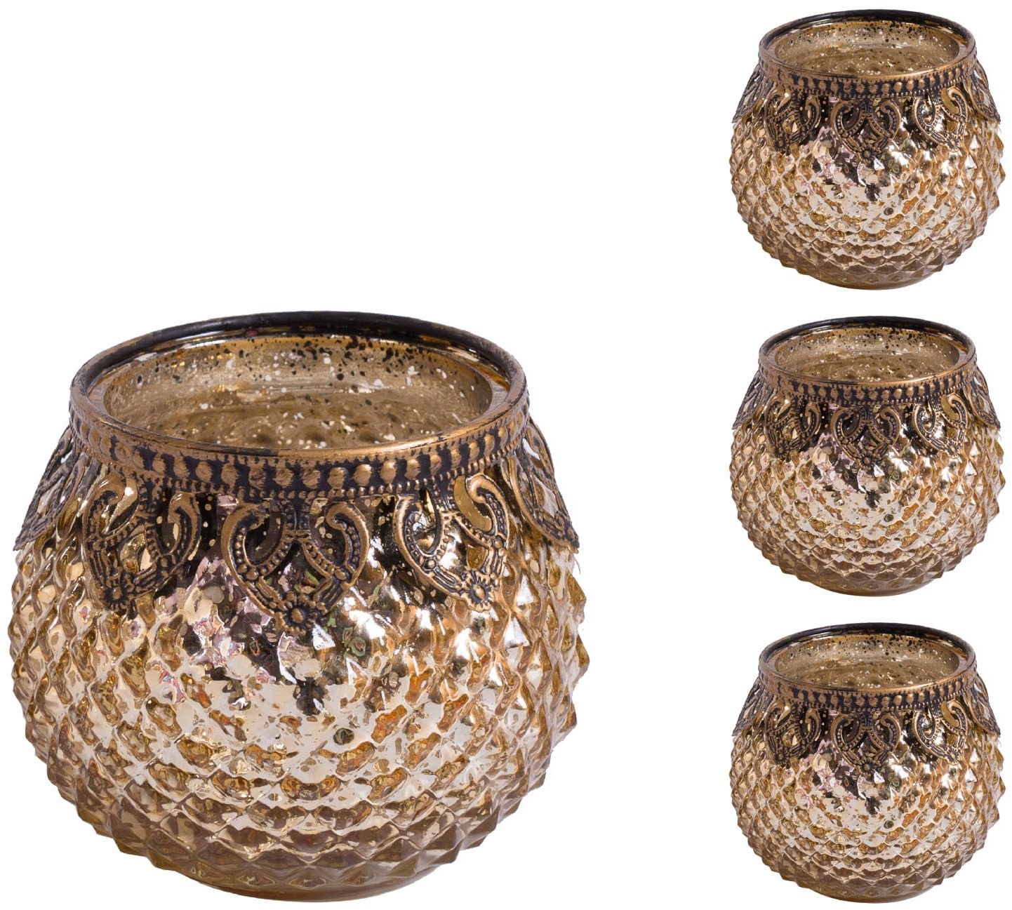 Jinfa 4er-Set orientalischer Teelichthalter aus Glas Windlichter Kerzengläser Teelichtgläser Geschenk | Kugelform | Königliches Gold Ø 8cm x h 8.8cm