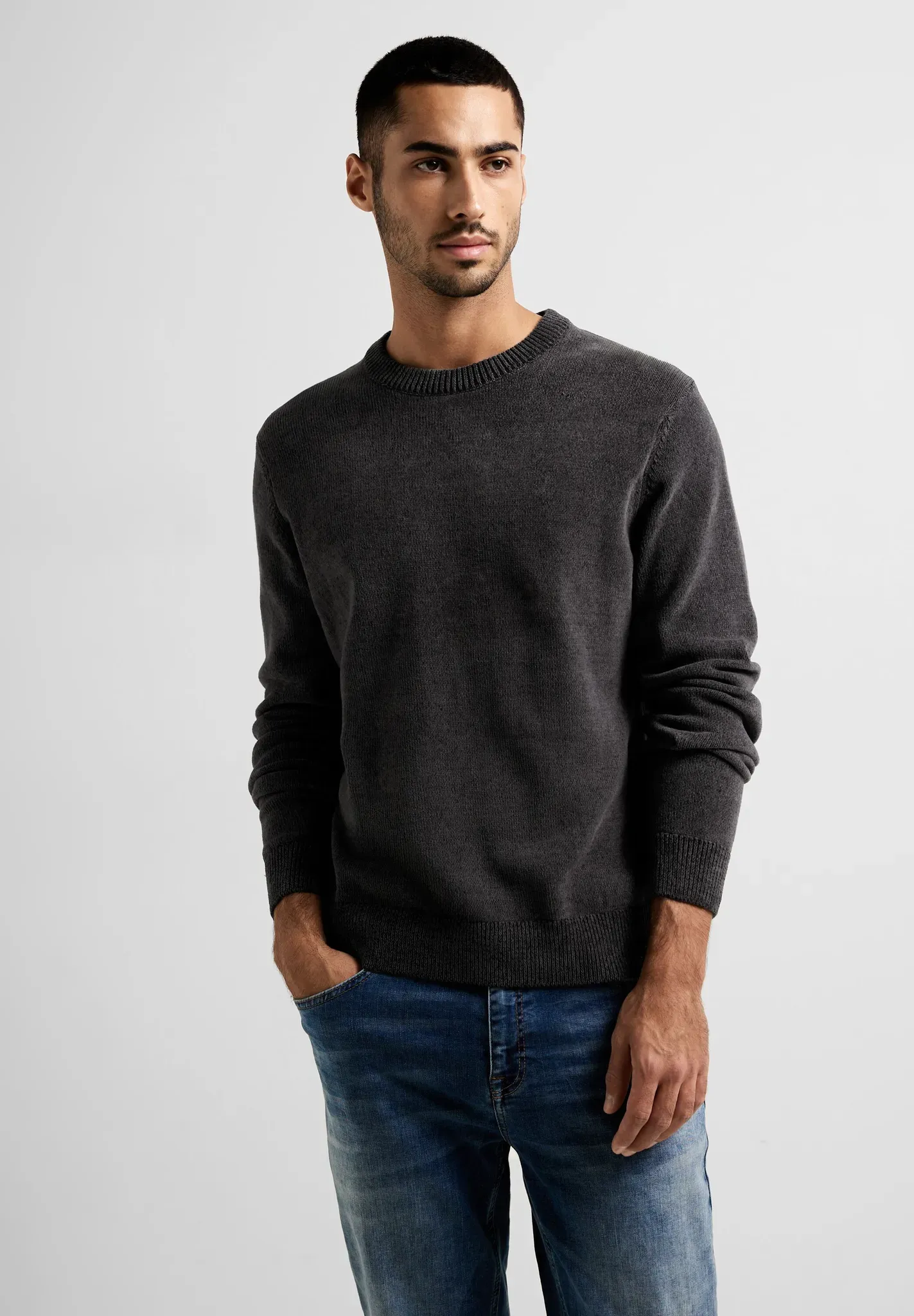 Strickpullover STREET ONE MEN, Herren, Gr. XXL (46), schwarz, Web, 100% Baumwolle, unifarben, gerade hüftlang, Rundhals, Rippbündchen, Pullover Strickpullover, mit Rundhalsausschnitt
