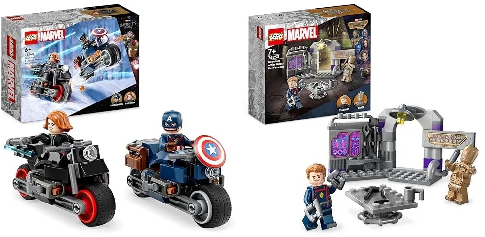 LEGO 76260 Marvel Captain America & Black Widow Motorräder & 76253 Marvel Hauptquartier der Guardians of The Galaxy Volume 3 Film-Set