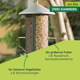 WINDHAGER Vogelfuttersilo Happy Bird, Vogelfutterspender Futterstation, witterungsbeständig, aus Metall, schwarz/silber,