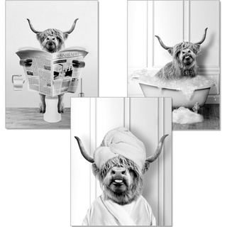 artpin® Poster Badezimmer Deko A4 Bilder Bad schwarz-weiß WC Deko Rind Tier in der Badewanne, auf Toilette B15