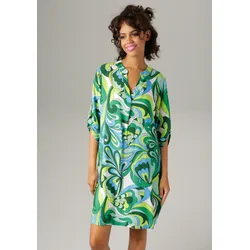 Sommerkleid, mit farbharmonischem, graphischem Druck, Gr. 36 - N-Gr, jade-apfelgrün-smaragd-dunkelgrün-türkis-wollweiß-schwarz, , 13105132-36 N-Gr