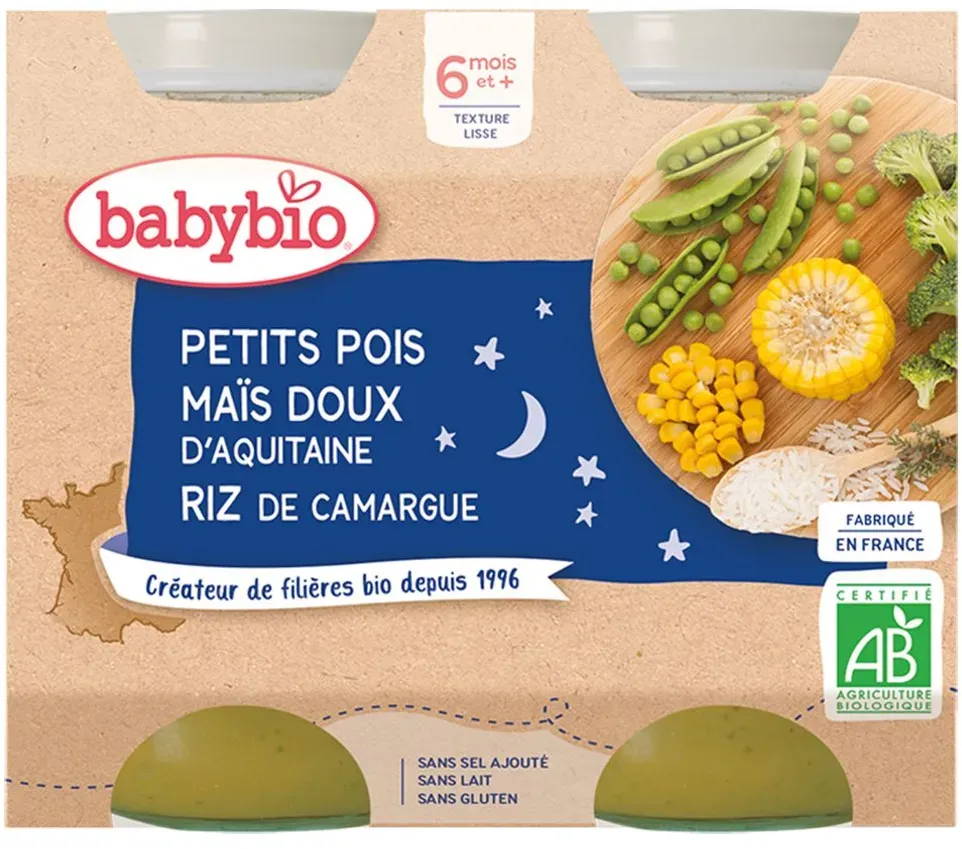 BABYBIO Petit pot Petits pois, Maïs doux d'Aquitaine, Riz de Camargue 400 g Aliment