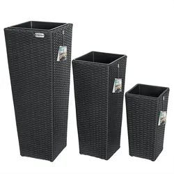 Casaria Poly Rattan Blumentopf mit Wasserabfluss Schwarz - 3er Set