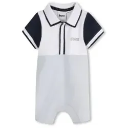 BOSS für Jungen. J52207 Blauer kurzer Overall (3meses= 60cm), Lässig, Kurzarm, Bio-Baumwolle, Nachhaltig, Kinderbekleidung