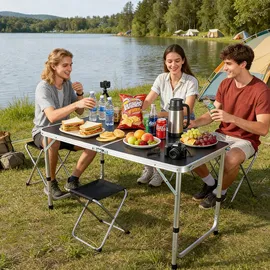 Relaxdays Campingtisch mit 4 Hockern Schwarz/Silber