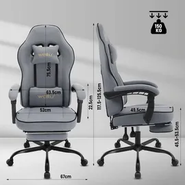 Woltu Gaming Stuhl mit Taschenfederkissen, ergonomischer Drehstuhl, Netzstoff, Grau - Grau