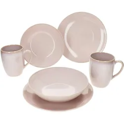 Ossia 6tlg Tearose rosa Frühstücksset Steingut Teller Kaffee-Becher Müsli-Schale