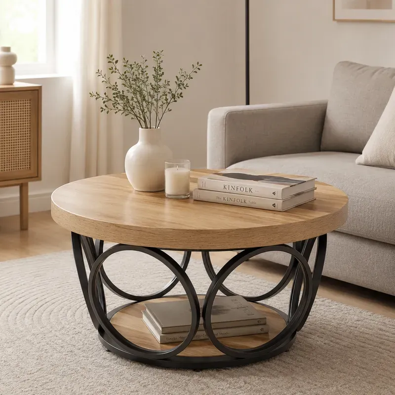 LANTINE Runder Couchtisch, 80 cm, Holztisch mit 2 Ablageebenen, moderner Landhausstil, braune Holzmaserung