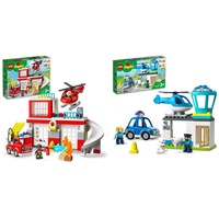 LEGO 10970 DUPLO Feuerwehrwache mit Hubschrauber, Feuerwehr-Spielzeug & 10959 DUPLO Polizeistation mit Hubschrauber, Polizeiauto und Steine, Polizei-Spielzeug für Kleinkinder ab 2 Jahre