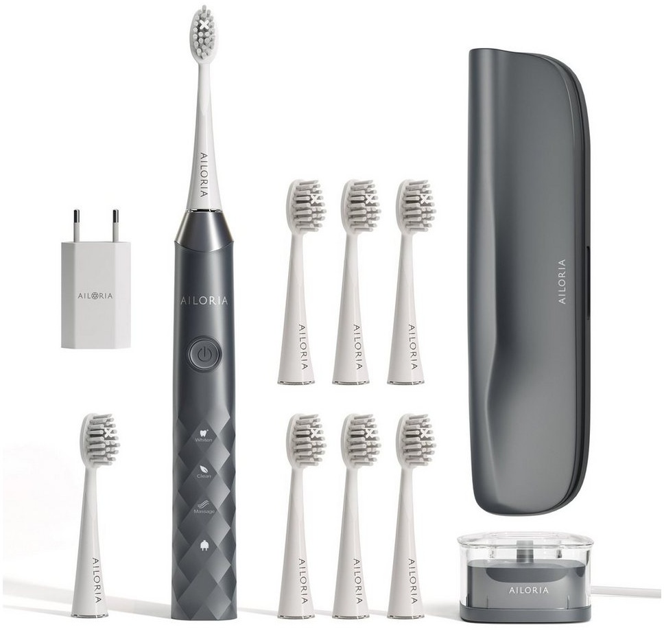 Produktbild AILORIA Schallzahnbürste SHINE BRIGHT SET USB-Schallzahnbürste, Aufsteckbürsten: 8 St., Dynamische Reinigungswirkung grau