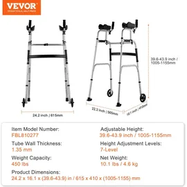 Vevor 2-in-1-Gehhilfe, zusammenklappbar, mit abnehmbaren Armlehnen, höhenverstellbar, zusammenklappbar, mit 5-Zoll-Vollrädern, leichtes Aluminium | Mobilitätshilfe Vorderrädern für ältere und behinderte Menschen, 204 kg