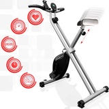 Physionics® Heimtrainer - LCD-Display, Verstellbar, Klappbar, bis 120 kg, Grau, mit Transportrollen, Pulsmesser, Telefonhalterung - Ergometer, Fahrradtrainer, Hometrainer, Fitnessfahrrad, Fitnessbike