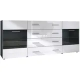 Vladon Sideboard Bari V2 (Kommode mit 2 Türen, 4 Schubladen und 2 flexible Glaseinlegeböden), Schwarz matt/Weiß Hochglanz (166 x 72 x 35) weiß