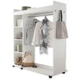 Stella Trading VINNIE Offener Kleiderschrank mit Spiegel auf Rollen, Weiß - Fahrbarer Kleiderständer mit cleverer Inneneinteilung - 138 x 150 x 56 cm (B/H/T)