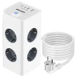 Mehrfachsteckdose mit 4 USB 8 Fach Steckdosenleiste Mehrfachstecker Steckdosenwürfel mit Schalter Überspannungsschutz Steckerleiste Verlängerungskabel Steckdosenturm Verteilersteckdose 2M Kabel