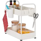 Relaxdays Waschbecken Regal, 2 Etagen, 6 Haken & 2 Becher, höhenverstellbar, Putzmittel Organizer für Küche, weiß