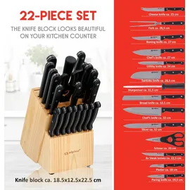 Alpina Messerblock 22tlg. - Messerset mit Block - Küchenmesser Set - 18 Verschiedener Messer - Inkl. Schärfer und Schere mit Antihaftbeschichtung - 21 x 15 x 22 tlg. schwarz