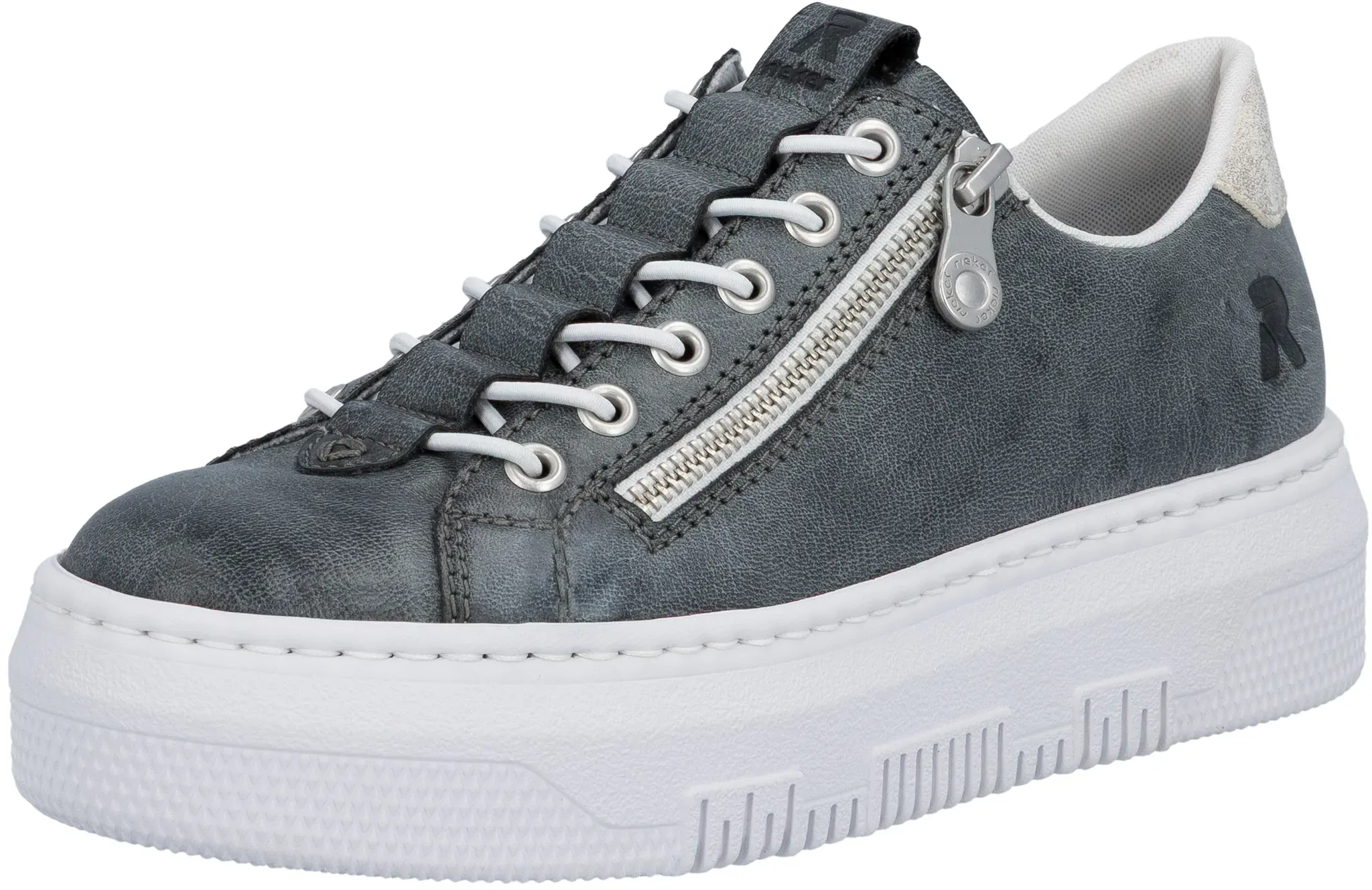 Plateausneaker RIEKER, Damen, Gr. 42, blau, goldfarben, Lederimitat, used, Schuhe Plateausneaker, Sneaker, Slip-On Sneaker, Slipper mit Schaftrandpolster
