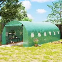 Outsunny Gewächshaus 300x600x200cm Foliengewächshaus Tomatenhaus mit Tür, 12 Fenster, Folientunnel aus verzinktem Stahl, 170g/m2 PE, stabiles pflanztunnel, Treibhaus inkl. Erdanker & Seilen, Grün