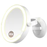 MOMOKUBA Vergrößerungsspiegel mit Saugnäpfen - Wandmontierter Vergrößerungsspiegel mit Licht 1x/20x Vergrößerung - 3 LED-Beleuchtungsmodi, wiederaufladbar & einstellbar für Badezimmer, Schlafzimmer