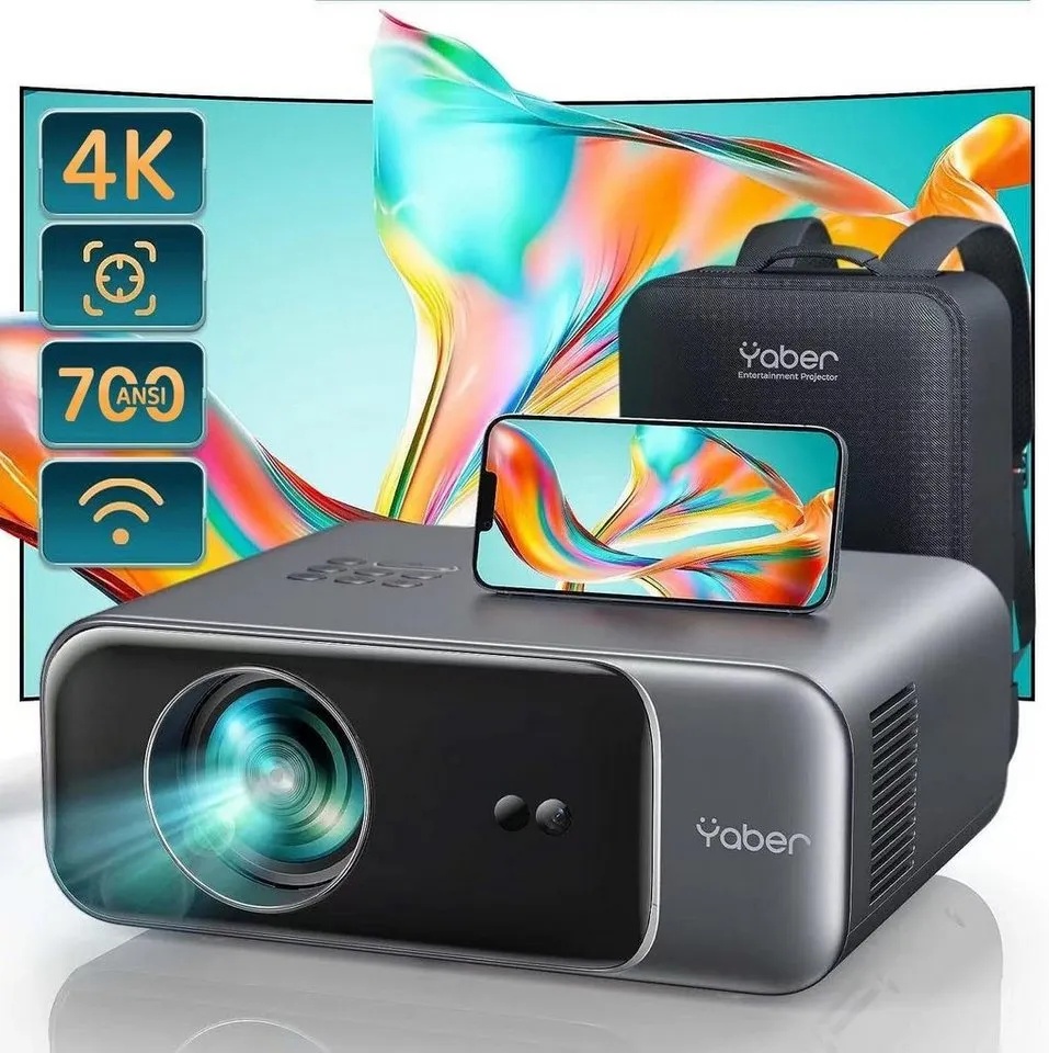 Yaber Autofokus/Trapezkorrektur Full HD 1080P Heimkino Portabler Projektor (20000 lm, 18000:1, 3840 x 2160 px, mit Tasche, Kompatibel mit Smartphone/TV Stick/PS5) schwarz