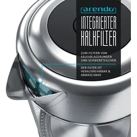 Arendo Wasserkocher 1,7 l, 2200 W, Edelstahl mit Glaskörper, Temperaturwahl 40°C - 100°C, Aufkochfunktion