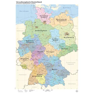 Verwaltungskarte Deutschland, Deutschlandkarte - Bundesländer/Regierungsbezirke/Landkreise, 100 x 70 cm, mit Autobahnen, Neuauflage