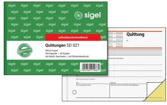 Formularbuch »Quittung mit MwSt.« SD021 gelb, Sigel