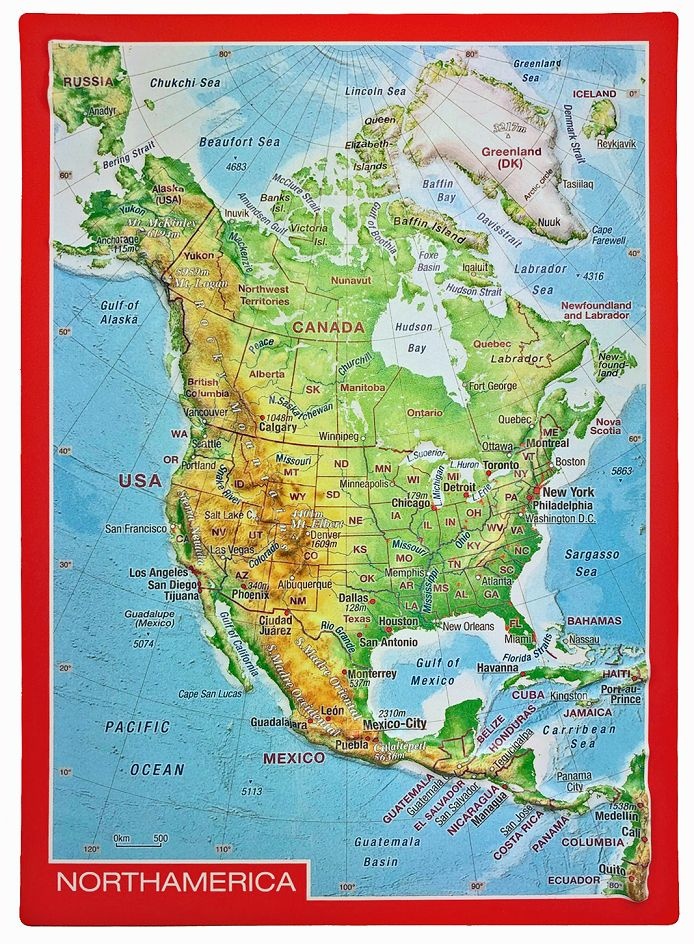 Georelief Reliefpostkarte Nordamerika - bunt