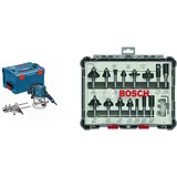 Bosch Professional Oberfräse GOF 1250 CE (Maulschlüssel 19 mm, Kopierhülsenadapter, Spannzange, L-BOXX 238) + 15tlg. Fräser Set Mixed (für Holz, Zubehör Oberfräsen mit 8 mm Schaft)