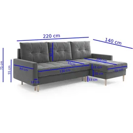 möbel punkt Ecksofa OSLO Samt Grau mit Bett Bettkasten Sofa Schlafsofa Ottomane universell Links oder Rechts