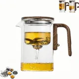 Wasserabscheidende Teekanne aus Glas mit Holzgriff, Teekanne aus Glas mit Sieb und Druckknopf, Teekanne aus klarem Glas, für blühenden Tee und losen Tee(500ml/17oz,700/24oz) (500ML)