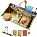 Faizee Home Wasserfall-Küchenspüle 75x45 cm – 1 Becken Nano Edelstahlspüle Gold mit Sprudelwasserhahn, 4-fach Armatur, Überlauf, Siphon, Ablaufgarnitur – modernes Spülbecken mit Zubehör