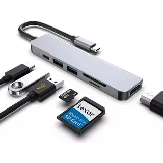 USB C Hub 6 in 1 Adapter HDMI 4K USB 3.0 Micro SD für TV Macbook Laptop Samsung - Schwarz