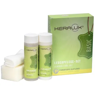 KERALUX 4-Teiliges Pflegeset P für Pigmentierte Glattleder, 200 ml Reiniger, 200 ml Pflege, Schwamm, Tuch, mit Imprägnierung und Lichtschutz