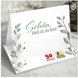 funke & brand 50x Tischkarten Hochzeit Eukalyptus Design Edition – Schön dass du da bist – Platzkarten Grün Gold für Hochzeit, Geburtstag, Taufe, Kommunion – Botanisch, Klappkarten von Funke & Brand