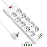 Steckdosenleiste mit 4 USB, Mehrfachsteckdose mit 2 USB C, Verteilersteckdose Wandmontage, Steckerleiste mit Schalter, 10 Fach Power Strip, Mehrfachsteckdosen mit 2M Kabel - Weiß