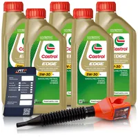5x 1 L Liter Castrol Edge Fluid Titanium 5W-30 LL Motoröl inkl. Castrol Ölwechselanhänger und Einfülltrichter