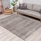 Carpet City Teppich Hochflor Wohnzimmer - Ethno Stil Meliert grau Creme - Teppiche mit Fransen,