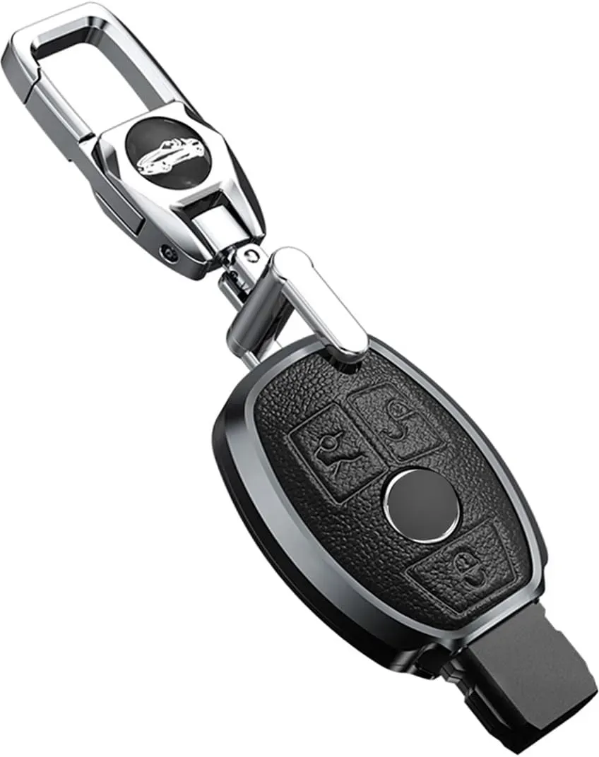 ontto Autoschlüssel Hülle Schlüsselhülle Cover Passt für Mercedes Benz A B C E S CLK AMG Klasse C180 W164 W245 W209 W204 Fernbedienung Schlüsselanhänger Metall Leder Schutzhülle Schlüsseletui-Schwarz