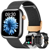 Smartwatch Uhr Armbanduhr Fitnessuhr Uhren: Schwarz Smartwatch Damen Wasserdicht Blutdruck Sportuhr Telefonfunktion Herzfrequenz Schrittzähler 1,83" Touchscreen Metallarmband Damenuhr fuer Android iOS