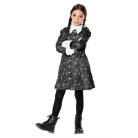 Metamorph Kostüm Wednesday Addams Totenkopf Kleid für Kinder, Lizenziertes Kleid für Kinder zur Wednesday-Serie auf Netflix schwarz 146
