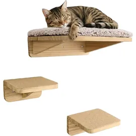 knupis Katzen Kletterwand Set mit Katzenbett & 2X Katzentreppe – Kiefernholz, Stabile Wandliege bis 30 kg – Für Spielspaß & Gemütlichkeit - Beige